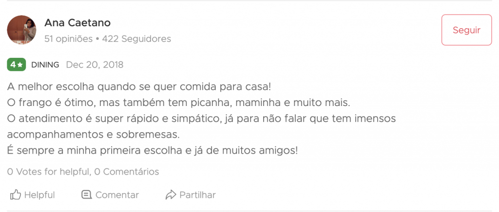 A melhor escolha quando se quer comida casa! O frango é óptimo, mas também tem picanha, maminha e muito mais. O atendimento é super rápido e simpático, já para não falar que tem imensos acompanhamentos e sobremesas. É sempre a minha primeira escolha e já de muitos amigos!