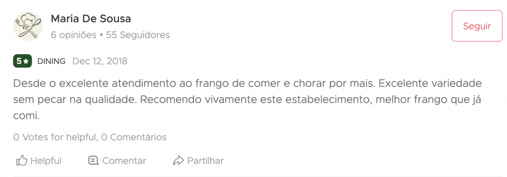 Desde o excelente atendimento ao frango de comer e chorar por mais. Excelente variedade sem pecar na qualidade. Recomendo vivamente este estabelecimento, melhor frango que já comi.