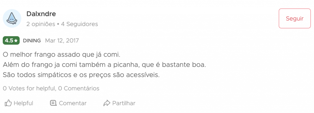 O melhor frango assado que já comi. Além do frango já comi também picanha, que é bastante boa. São todos muito simpáticos e os preços são acessíveis.